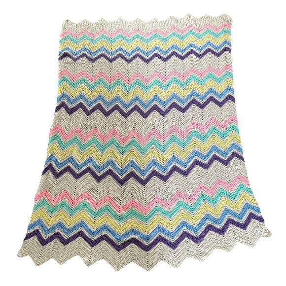 Handmade Chevron Colorful Knit Crochet Blanket Pink Teal Yellow Blue VTG 76x57 - Picture 1 of 12
